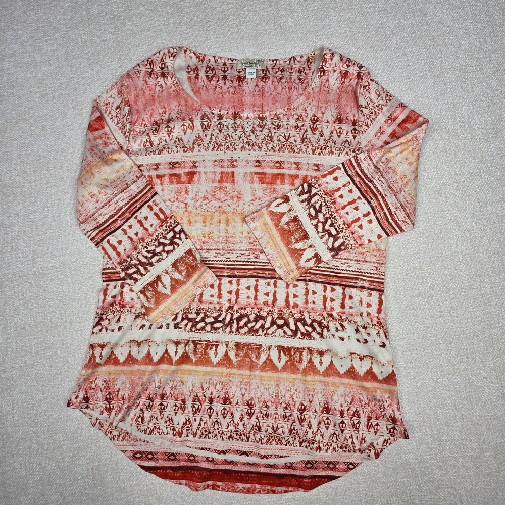 One World Womens Orange Tribal Print Rhinestone Scoop Neck 3/4 Sleeve Top Medium